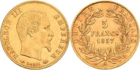 Frankreich
Napoleon III. 1852-1870 5 Francs 1857, A-Paris Gadoury 1001 Schlumberger 310 Friedberg 578 a GOLD. 1.59 g. Sehr schön/vorzüglich