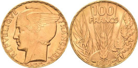 Frankreich
Dritte Republik 1870-1940 100 Francs 1935, Paris Gadoury 1148 Friedberg 598 Schlumberger 495 GOLD. 6.54 g. Kl. Randfehler, Vorzüglich-Stem...
