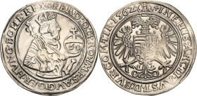 Habsburg
Ferdinand I. 1521-1564 Guldentaler (60 Kreuzer) 1562, Hall Voglhuber 57 Davenport 33 M./T. 140 Markl 1727 Berieben, sehr schön+