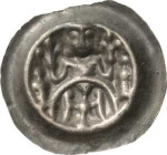 Arnstein, Grafschaft
Walter II. 1135-1176 Brakteat. Graf mit zwei Lilienstäben von vorn auf Bogen mit zwei Türmen, darunter Adler mit ausgebreiteten ...