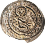 Halberstadt - Bischöfliche Prägungen
Ulrich I., Graf von Reinstein 1149-1160 Brakteat Kniender Hl. Stephan nach rechts, vor ihm die Hand Gottes über ...