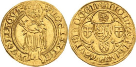 Mainz, Erzbistum
Johann II. von Nassau 1397-1419 Goldgulden o.J. (1399/1402), Höchst Stehender Heiliger, zwischen seinen Füßen Kreuz, + IOhIS AN EPVS...