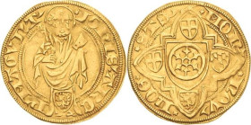 Mainz, Erzbistum
Johann II. von Nassau 1397-1419 Goldgulden o.J. Höchst Stehender St. Petrus, zwischen den Beinen der nassauische Wappenschild, IOhIS...