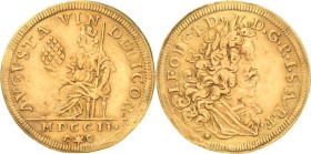 Augsburg-Stadt
 Dukat 1702. Mit Titel und Porträt Leopold I Forster 437 Friedberg 76 Vetterle 1702.1 GOLD. 3.41 g. Selten. Leicht geglättet, sehr sch...