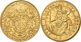Bayern
Maximilian I. 1598-1651 Doppeldukat 1618, München Von Kurhut bekrönte Wappenkartusche von zwei Löwen gehalten, darüber römische Jahreszahl MDC...
