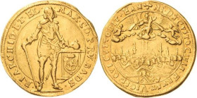 Bayern
Maximilian I., als Kurfürst 1623-1651 Dukat 1645, München Neubefestigung der Stadt München. Stehender Kurfürst mit Schwert, auf sein Zepter ge...
