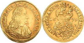 Bayern
Ferdinand Maria 1651-1679 Goldgulden 1679, München Madonna Hahn 166 Friedberg 210 GOLD. 3.18 g. Selten. Vorzüglich/vorzüglich-Stempelglanz