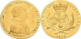 Bayern
Maximilian IV. Joseph 1799-1805 Dukat 1805, München AKS 3 Hahn 434 Beierlein 2554 Friedberg 263 D./S. 15 GOLD. 3.46 g. Sehr selten. Fast vorzü...