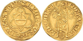 Sachsen-Kurlinie ab 1486 bis 1547 (Ernestiner)
Albrecht (1464) 1485-1500 Goldgulden o.J. (1485/1500), Kreuz-Leipzig Reichsapfel in Dreipass, ALBERTVS...