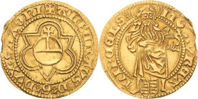 Sachsen-Kurlinie ab 1486 bis 1547 (Ernestiner)
Albrecht (1464) 1485-1500 Goldgulden o.J. (1485/1500), Kreuz-Leipzig Reichsapfel im Dreipass, ALBERTVS...