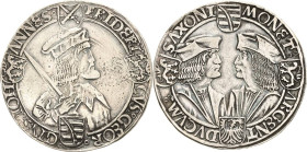 Sachsen-Kurlinie ab 1486 bis 1547 (Ernestiner)
Friedrich III., Georg und Johann 1500-1507 Guldengroschen o.J. o. Mzz.-Annaberg Klappmützentaler. Beid...
