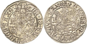 Sachsen-Kurlinie ab 1486 bis 1547 (Ernestiner)
Friedrich III., Johann und Georg 1507-1525 Zinsgroschen o.J. Kreuz-Annaberg Umschrift endet: SAXO/SAXO...