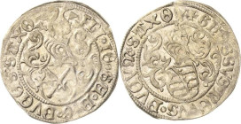 Sachsen-Kurlinie ab 1486 bis 1547 (Ernestiner)
Friedrich III., Johann und Georg 1507-1525 Zinsgroschen o.J. Kreuz-Annaberg Umschrift endet: SAXO/SAXO...
