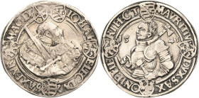 Sachsen-Kurlinie ab 1486 bis 1547 (Ernestiner)
Johann Friedrich und Moritz 1541-1547 Guldengroschen 1543, T-Buchholz Avers 5 Schilde in der Umschrift...