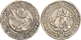 Sachsen-Kurlinie ab 1486 bis 1547 (Ernestiner)
Johann Friedrich und Moritz 1541-1547 Guldengroschen 1546, T-Buchholz Avers 5 Schilde in der Umschrift...