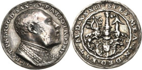 Sachsen-Kurlinie ab 1486 bis 1547 (Ernestiner)
Johann Friedrich der Großmütige 1532-1547 (-1554) Silbergussmedaille 1532 (Matthes Gebel) Auf die Erla...