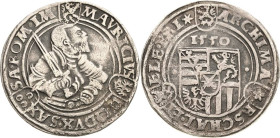 Sachsen-Kurlinie ab 1547 (Albertiner)
Moritz 1547-1553 Taler 1550, Stern-Freiberg Linker Arm berührt den Wappenschild kaum Keilitz/Kahnt 11 Anm. (vgl...