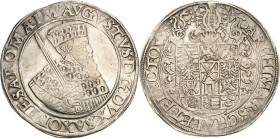 Sachsen-Kurlinie ab 1547 (Albertiner)
August 1553-1586 Taler 1555, Holzschuh-Annaberg Keilitz/Kahnt 48 Schnee 703 Davenport 9791 Avers kl. Kratzer, s...