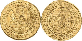 Sachsen-Kurlinie ab 1547 (Albertiner)
Johann Georg I. (1611-) 1615-1656 Goldgulden 1618, Dresden Geharnischtes Hüftbild nach rechts, mit der Rechten ...