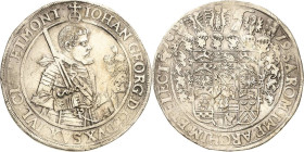 Sachsen-Kurlinie ab 1547 (Albertiner)
Johann Georg I. (1611-) 1615-1656 Taler 1619, Schwan-Dresden Die linke Hand weist aufwärts zum Helm C/K 157 Sch...