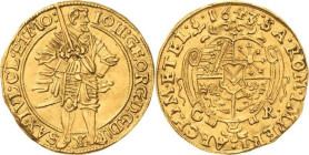 Sachsen-Kurlinie ab 1547 (Albertiner)
Johann Georg I. (1611-) 1615-1656 Dukat 1643, CR-Dresden C/K 118 Friedberg 2684 Slg. Merseburger - GOLD. 3.45 g...