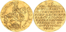 Sachsen-Kurlinie ab 1547 (Albertiner)
Johann Georg II. 1656-1680 Dukat 1657, Eichel-Dresden Vikariat. DEO am Kopf des Pferdes. Rv-Inschrift in 10 Zei...