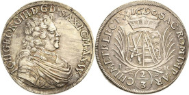 Sachsen-Kurlinie ab 1547 (Albertiner)
Johann Georg III. 1680-1691 2/3 Taler 1690, IK-Dresden In der Avers-Umschrift Dx und die Titel von Engern und W...