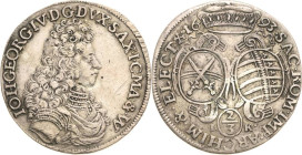 Sachsen-Kurlinie ab 1547 (Albertiner)
Johann Georg IV. 1691-1694 2/3 Taler 1693, IK-Dresden C/K 663 Kohl 319 Davenport 813 Sehr schön+