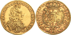 Sachsen-Kurlinie ab 1547 (Albertiner)
Friedrich August I., der Starke 1694-1733 Dukat 1702, ILH-Dresden Belorbeertes Brustbild nach rechts / bekrönte...