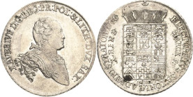 Sachsen-Kurlinie ab 1547 (Albertiner)
Xaver 1763-1768 Taler 1766, EDC-Dresden Kahnt 1021 Buck 56 Schnee 1055 Davenport 2678 Vorzüglich