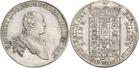 Sachsen-Kurlinie ab 1547 (Albertiner)
Xaver 1763-1768 Taler 1767, EDC-Dresden Kahnt 1021 Buck 56 Schnee 1055 Davenport 2678 Vorzüglich-prägefrisch