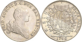 Sachsen-Kurlinie ab 1547 (Albertiner)
Friedrich August III. 1763-1806 Taler 1765, EDC-Dresden Mit kurzer Haarlocke Kahnt 1070 Buck 125 Schnee 1063 Da...