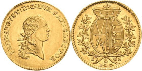 Sachsen-Kurlinie ab 1547 (Albertiner)
Friedrich August III. 1763-1806 Dukat 1766, EDC-Dresden Kahnt 1045 Buck 129 b Friedberg 2871 GOLD. 3.48 g. Vorz...