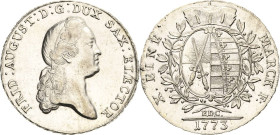 Sachsen-Kurlinie ab 1547 (Albertiner)
Friedrich August III. 1763-1806 Taler 1773, EDC-Dresden Mit höherer Stirnlocke Kahnt 1074 Buck 141 a Schnee 107...