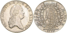 Sachsen-Kurlinie ab 1547 (Albertiner)
Friedrich August III. 1763-1806 Taler 1778, EDC-Dresden Kahnt 1074 Buck 141 f Schnee 1071 Davenport 2690 Fast v...