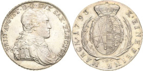 Sachsen-Kurlinie ab 1547 (Albertiner)
Friedrich August III. 1763-1806 Taler 1793, IEC-Dresden Kahnt 1088 Buck 191 Schnee 1092 Davenport 2701 Kl. Schr...