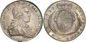 Sachsen-Kurlinie ab 1547 (Albertiner)
Friedrich August III. 1763-1806 Taler 1799, IEC-Dresden Kahnt 1089 Buck 198 Davenport 2701 Prachtexemplar mit f...