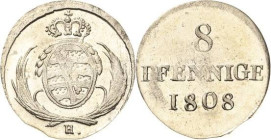 Sachsen-Kurlinie ab 1547 (Albertiner)
Friedrich August I. 1806-1827 8 Pfennig 1808, H-Grünthal Kahnt 1246 AKS 45 Jaeger 7 Prachtexemplar. Min. Zainen...