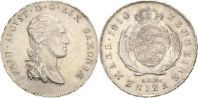 Sachsen-Kurlinie ab 1547 (Albertiner)
Friedrich August I. 1806-1827 Taler 1810, SGH-Dresden Napoleonrand Kahnt 1204 Kahnt 416 AKS 12 Jaeger 12 Davenp...