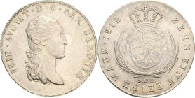 Sachsen-Kurlinie ab 1547 (Albertiner)
Friedrich August I. 1806-1827 Taler 1812, SGH-Dresden Napoleonrand Kahnt 1204 Kahnt 416 AKS 12 Jaeger 12 Davenp...