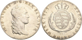 Sachsen-Kurlinie ab 1547 (Albertiner)
Friedrich August I. 1806-1827 Taler 1813, IGS-Dresden Kahnt 1208 Kahnt 417 AKS 12 Jaeger 22 Davenport 854 Fast ...