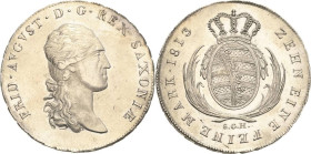 Sachsen-Kurlinie ab 1547 (Albertiner)
Friedrich August I. 1806-1827 Taler 1813, SGH-Dresden Napoleonrand Kahnt 1204 Kahnt 416 AKS 12 Jaeger 12 Davenp...