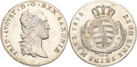 Sachsen-Kurlinie ab 1547 (Albertiner)
Friedrich August I. 1806-1827 Taler 1815, IGS-Dresden Kahnt 1208 Kahnt 417 AKS 12 Jaeger 12 Davenport 854 Prach...