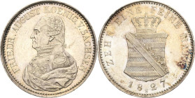 Sachsen-Kurlinie ab 1547 (Albertiner)
Friedrich August I. 1806-1827 Taler 1827, S-Dresden Kahnt 1223 Kahnt 427 AKS 30 Jaeger 41 Davenport 861 Kl. Kra...