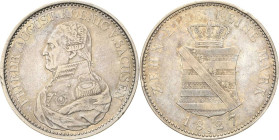 Sachsen-Kurlinie ab 1547 (Albertiner)
Friedrich August I. 1806-1827 Taler 1827, S-Dresden Kahnt 1223 Kahnt 427 AKS 30 Jaeger 41 Davenport 861 Kl. Ran...