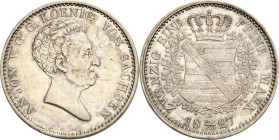Sachsen-Kurlinie ab 1547 (Albertiner)
Anton 1827-1836 2/3 Taler 1827, S-Dresden Mohrenkopf AKS 69 Jaeger 53 Kahnt 431 Sehr selten. Sehr schön+