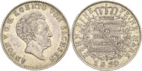 Sachsen-Kurlinie ab 1547 (Albertiner)
Anton 1827-1836 Taler 1830, S-Dresden AKS 66 Jaeger 60 Kahnt 435 Davenport 867 Sehr schön
