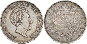 Sachsen-Kurlinie ab 1547 (Albertiner)
Anton 1827-1836 Taler 1832, G-Dresden AKS 66 Jaeger 60 Kahnt 435 Davenport 867 Sehr schön/fast vorzüglich