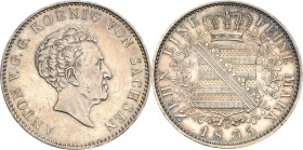 Sachsen-Kurlinie ab 1547 (Albertiner)
Anton 1827-1836 Taler 1835, G-Dresden AKS 66 Jaeger 60 Kahnt 435 Davenport 867 Fast vorzüglich/vorzüglich