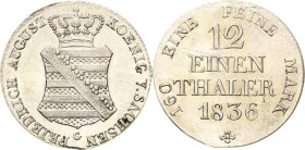 Sachsen-Kurlinie ab 1547 (Albertiner)
Friedrich August II. 1836-1854 1/12 Taler (Doppelgroschen) 1836, o. Mzz.-Dresden AKS 105 Jaeger 71 Prachtvolles...